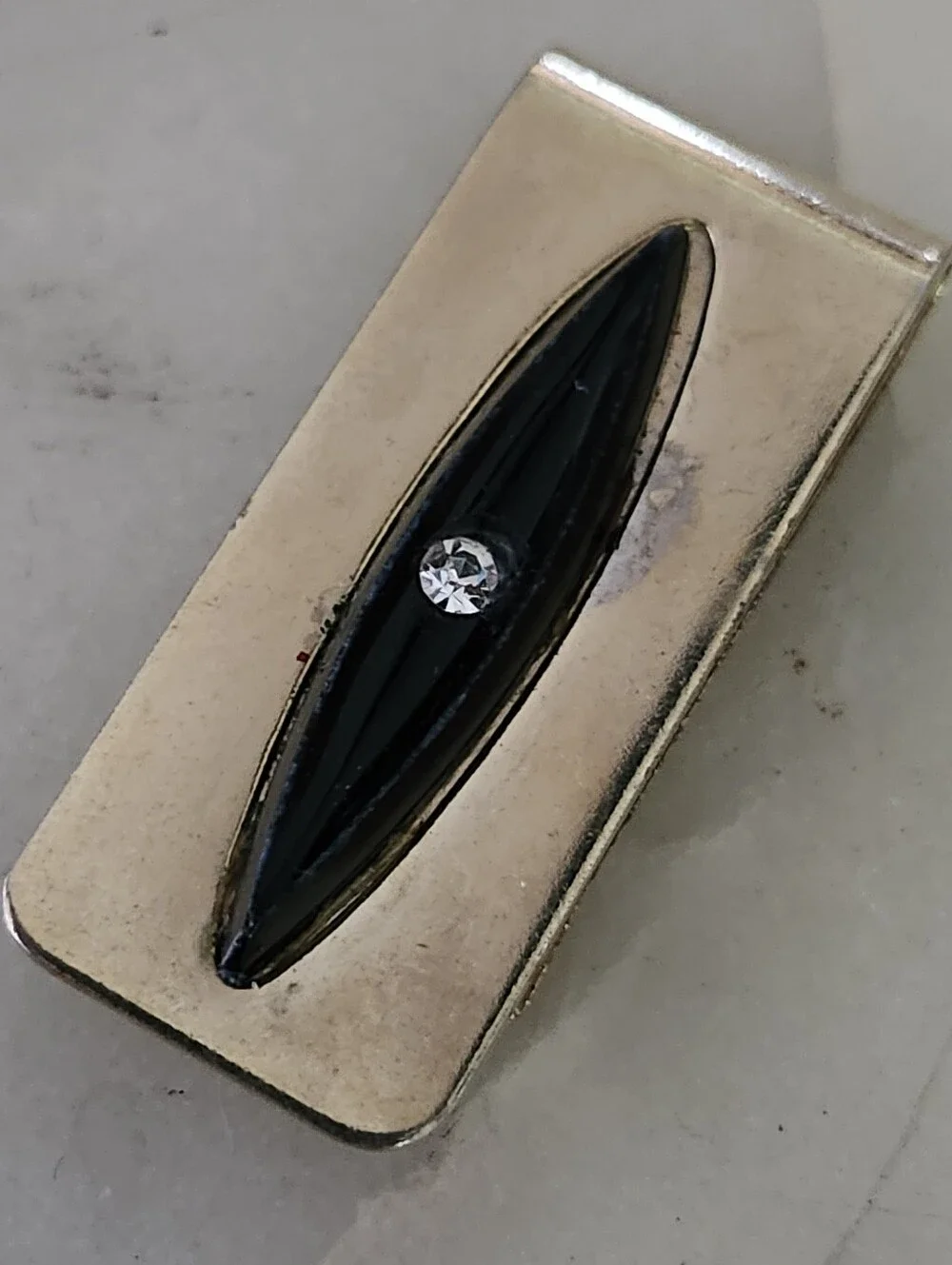 Vtg Gold-Tone Money Clip with Black Inlay and Crystal Accent
